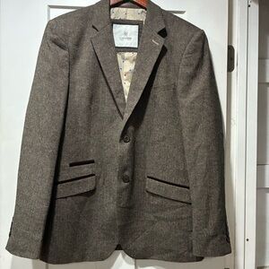 House of Cavani Men’s Brown Herringbone Tweed Blazer Jacket 40R Velvet Trim